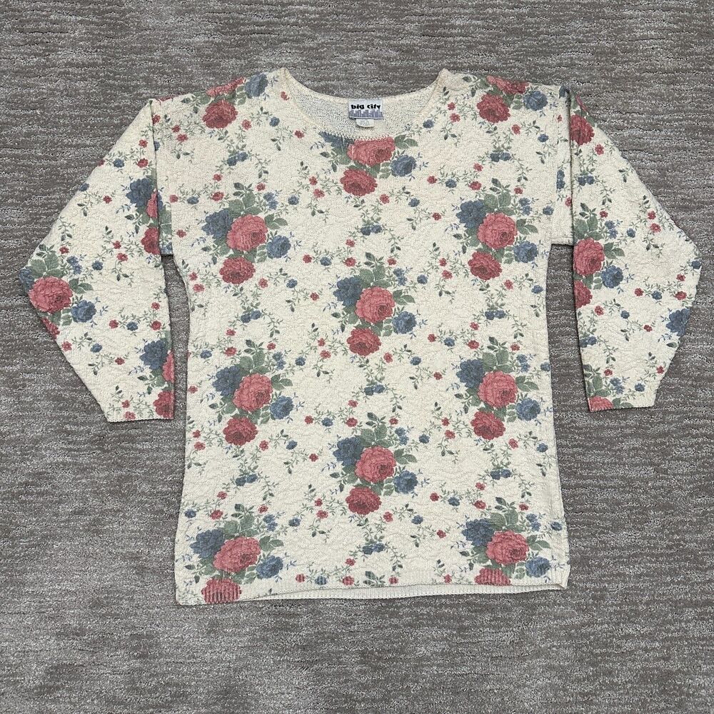 VTG Big City Sweater Womens Large Floral Granny Cottage Feminine Made in USA